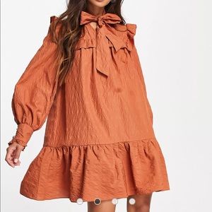 River Island long sleeve frill smock mini dress in rust